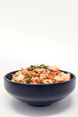 Homemade Chinese fried rice with vegetables and fried eggs