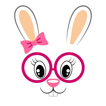 Cute bunny with pink bow and glasses. Girlish print with rabbit face for t-shirt