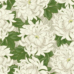 Seamless pattern with white chrysanthemum in Japanese style. Vec