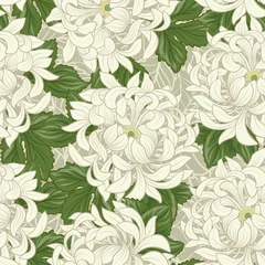 Tuinposter Seamless pattern with white chrysanthemum in Japanese style. Vec © Elen  Lane