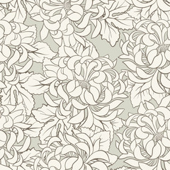 Seamless pattern with white chrysanthemum in Japanese style. Vec