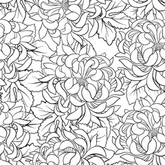 Seamless pattern with chrysanthemum in Japanese style. Outline d