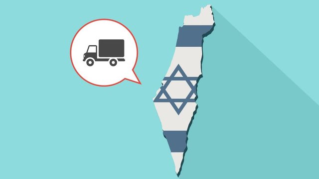 Animation of a long shadow Israel map with its flag and a comic balloon with a delivery truck