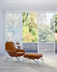 Modern bright living room, white wall. 3D rendering