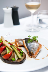 Grilled Halibat fish with Foie Gras, eggplant and asparagus