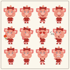 Set of charming little pig girl in various poses. Collection emoticons of isolated girls pigs in cartoon style.