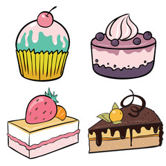 Set of cakes with fruits and berries