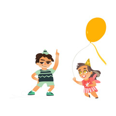 vector flat cartoon boy kid dancing in party hat smiling happily, girl in funny glasses running with yellow air balloon . isolated illustration on a white background. Kids patty concept