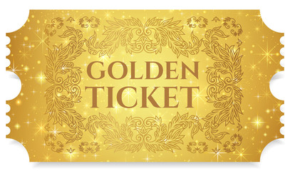 Gold ticket, golden token (tear-off ticket, coupon) with star magical background. Useful for any festival, party, cinema, event, entertainment show
