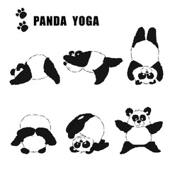 A set of pandas engaged in yoga. Black and white pattern on a transparent background