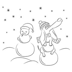 vector contour illustration of dachshund and snowman