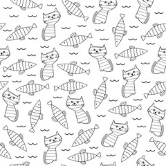 Vector seamless pattern. Cute kittens and fish. Kid's background.