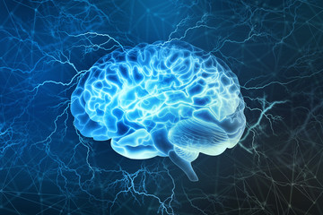 Human brain digital illustration. Electrical activity, flashes and lightning on a blue background. - obrazy, fototapety, plakaty