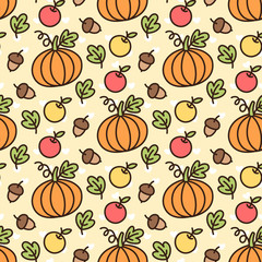 Cute pattern with orange pumpkin, yellow apple, red apple, green  leaf, nut, oak, acorn. For the season of harvest or Thanksgiving or Halloween. Vector illustration.