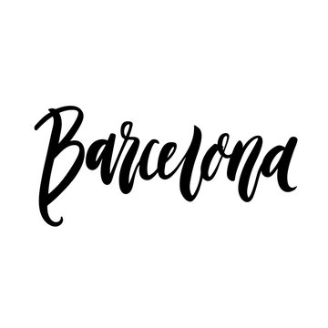 The inscription Barcelona - city name hand-drawing of black ink on a white background. Vector Image. It can be used for a  sticker, patch, invitation card, brochures, poster and etc.