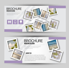 Flyer banner or web header template set. Vector illustration promotion design background. Purple color.