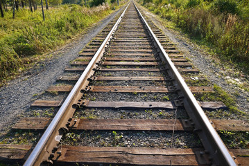 Obraz premium Classic railroad goes into the distance. Ekaterinburg, Sverdlovsk oblast, Russia.