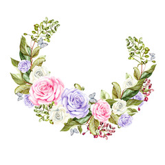 Watercolor wreath with roses and berries. Illustration
