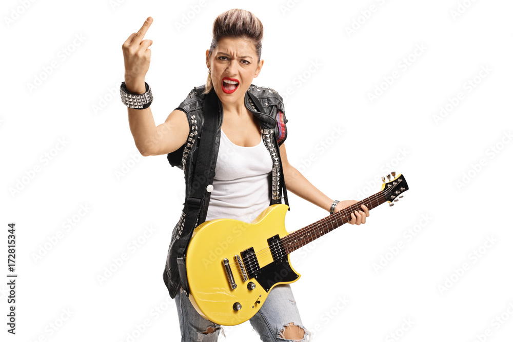 Wall mural Angry punk girl with electric guitar showing her middle finger