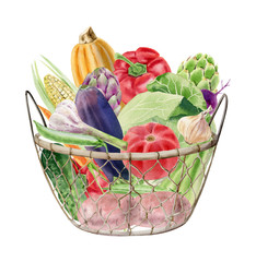 Watercolor clipart of vegetables in basket