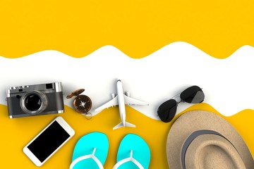 Top view of Traveler's accessories on yellow table background, Essential vacation items, Travel concept, 3D rendering