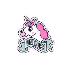 Unicorn with blue ribbon on a white background. It can be used for sticker, badge, card, patch, phone case, poster, t-shirt, mug etc.