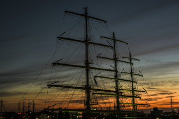 Masts of yachts at sunrise in port at the finale of The Tall Ships Races 2017 in Szczecin