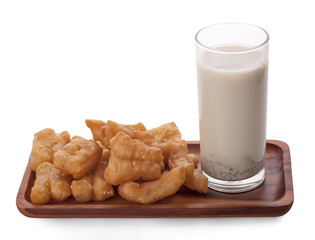 Soybean milk with morning on white background.