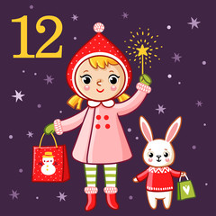 Vector christmas advent calendar in childrens style. Sweet girl and bunny are holding presents.