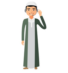 Arab operator man with headset customer service helpdesk service call center concept  flat cartoon vector illustration