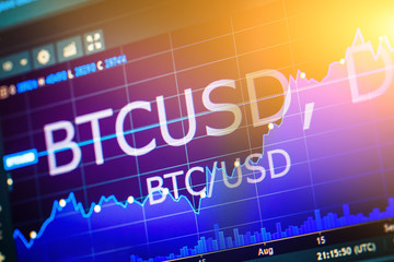 Data analyzing in exchange stock market: the charts and quotes on display. Analytics pair BTC-USD...