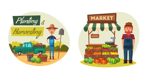 Farm set with farmers and products. Cartoon vector illustration.