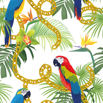 Tropical seamless pattern of macaw birds with bird of paradise flowers and chain on white background. Vector set of exotic tropical garden for wedding invitations, greeting card and fashion design. 