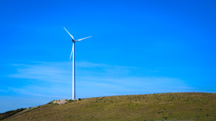 Windmill on lawn with  blue sky and with copyspace