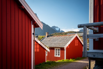 Red Classic Norwegian Rorbu fishing huts with sod roof on Lofoten islands. Norwegian traditional...