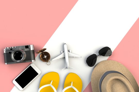 Top view of Traveler's accessories on red table background, Essential vacation items, Travel concept, 3D rendering