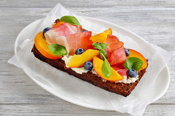 close-up of delicious colorful open sandwich