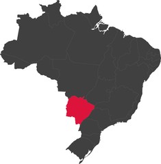 Map of Brazil split into individual states. Highlighted state of Mato Grosso do Sul.