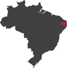 Obraz premium Map of Brazil split into individual states. Highlighted state of Paraiba.