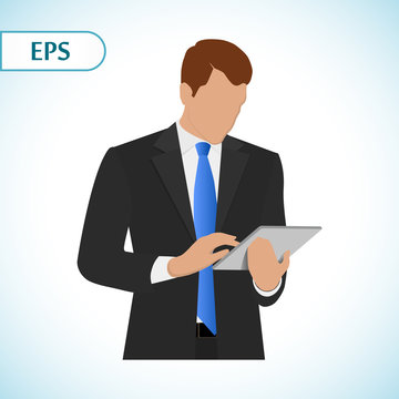 Businessman holding digital tablet PC. Portrait of businessman in a flat style. Vector illustration.