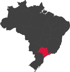 Map of Brazil split into individual states. Highlighted state of Sao Paulo.