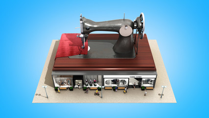 garment industry a concept for the production of branded clothes sewing machine is on the roofs of boutiques 3d render on blue