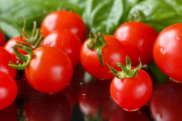 Close up of freshly washed cherry tomatoes on a black cutting board with reflections and basil leaves in background. Selective focus and shallow depth of field