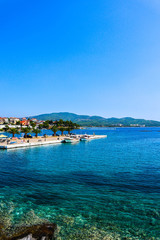 Naklejka na ściany i meble Greece, halkidiki, port marine, Mediterranean summer, Europe. Greek port, marine bay, landscape.