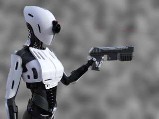 3D rendering of a female android robot with gun.