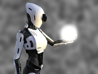 Fototapeta premium 3D rendering of a female android robot holding energy sphere.