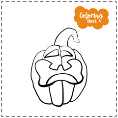 Vector outline illustration of a pumpkin lantern for Halloween with emotion on a white background