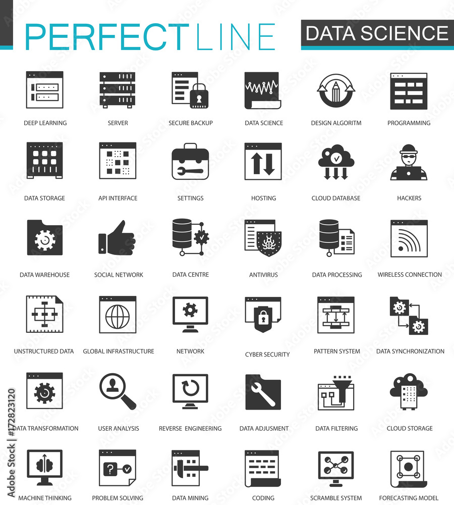 Poster black classic data science, data analysis icons set.