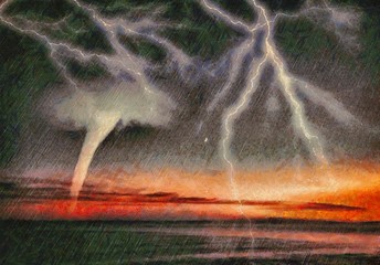 Tornado in the ocean. The sky at sunset. Powerful lightning in the sky. Original art painting on canvas. Modern Impressionism, modernism, marinism. Oil and watercolor mixed painting seascape view. 