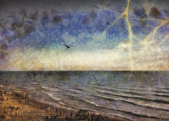 Seagull flying in the sky during a thunderstorm at the sea. Watercolor and oil art painting on canvas. Very high resolution.